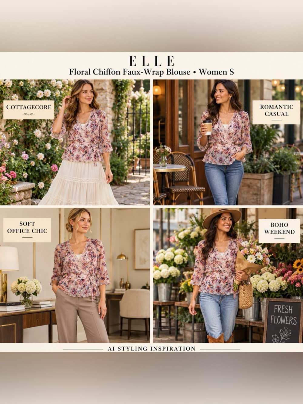Elle Chiffon Faux‎ Wrap Women Floral Lace Pintuck Blouse S Sheer Cottagecore